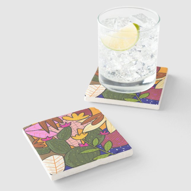Abstract tropical leaves and flowers  stone coaster (Side)
