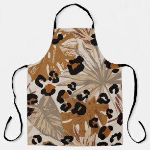 Abstract tropical leaves and grunge leopard camouf apron