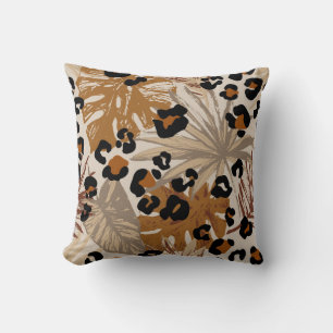 Abstract tropical leaves and grunge leopard camouf cushion