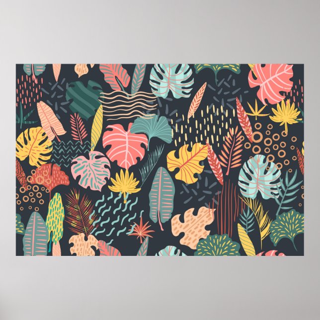 Abstract tropical leaves on blue background. Seaml Poster (Front)
