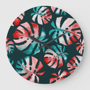 Abstract Tropical Leaves, Watercolor Bright. Large Clock
