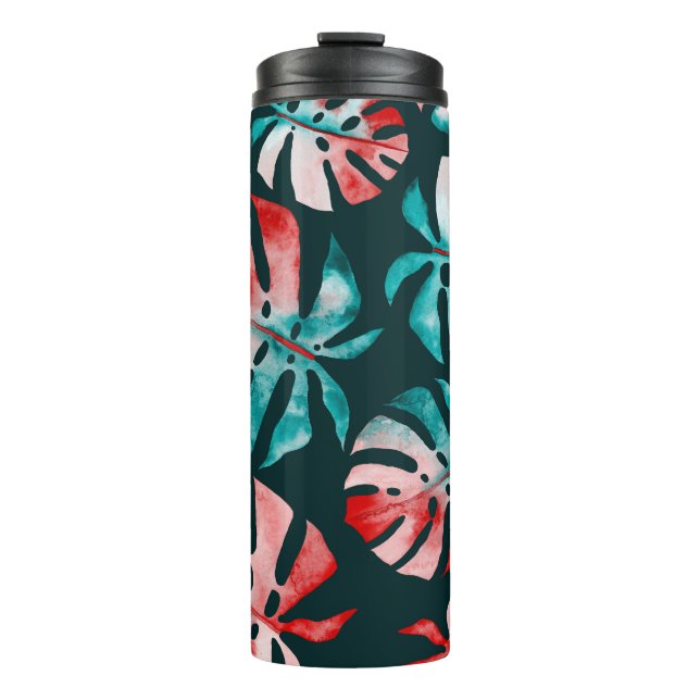 Abstract Tropical Leaves, Watercolor Bright. Thermal Tumbler (Front)