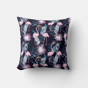 Abstract tropical pattern with flamingo, protea, l cushion