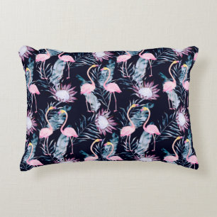 Abstract tropical pattern with flamingo, protea, l decorative cushion