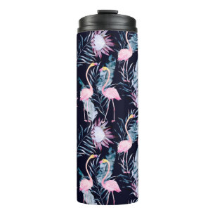 Abstract tropical pattern with flamingo, protea, l thermal tumbler