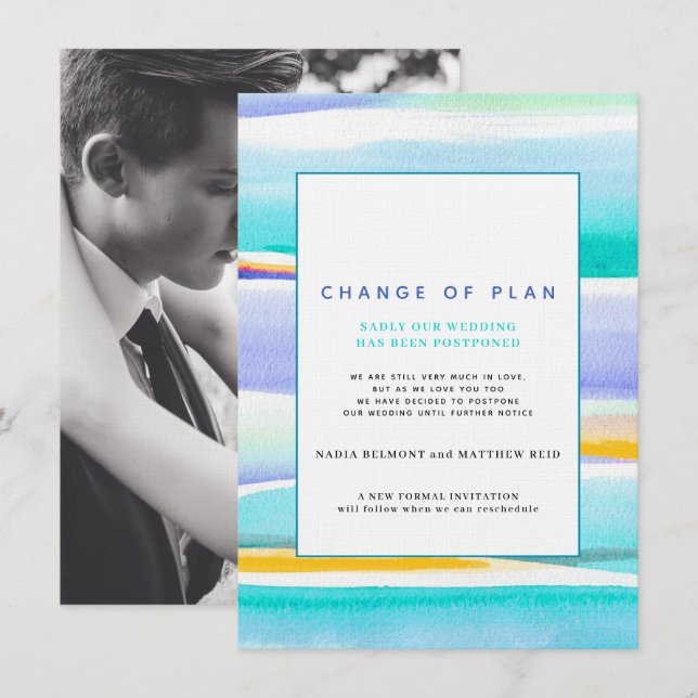 Abstract tropical tide aqua wedding change of plan invitation (Front/Back)