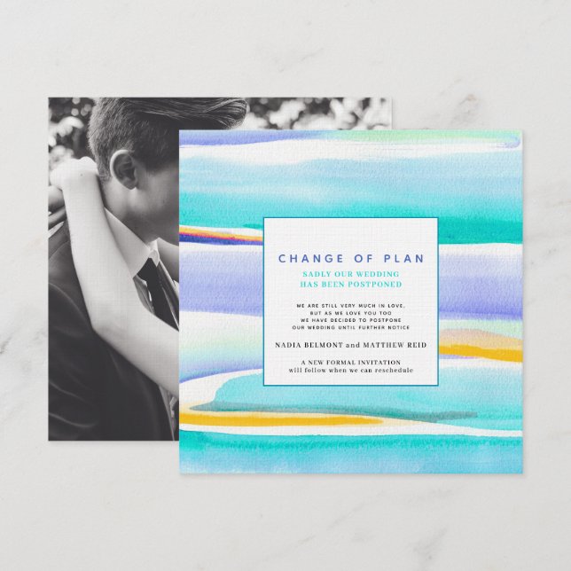 Abstract tropical tide aqua wedding postponement invitation (Front/Back)