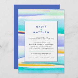 Abstract tropical tide lines blue yellow wedding invitation