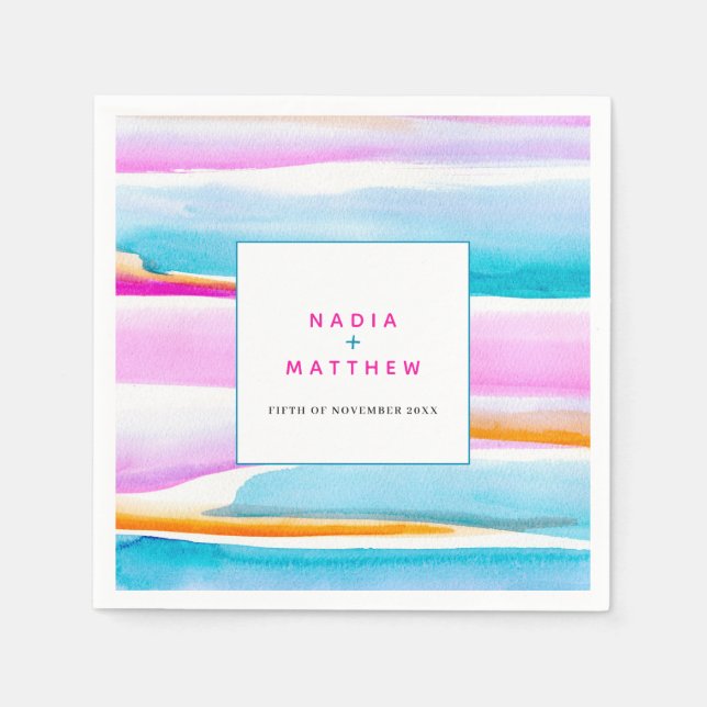 Abstract tropical tide lines pink aqua wedding napkin (Front)