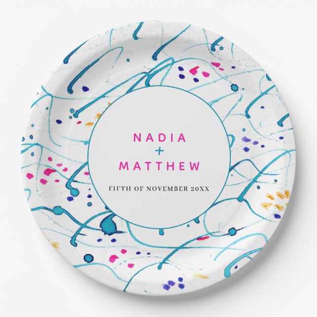 Abstract tropical waves pink aqua orange wedding paper plate (Front)