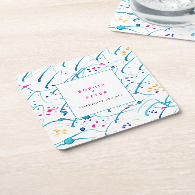 Abstract tropical waves pink aqua orange wedding square paper coaster (Angled)