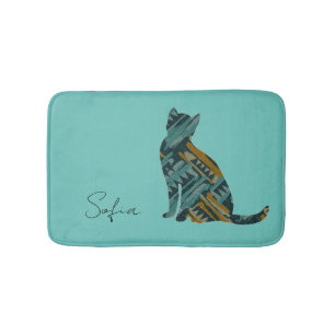 Abstract Turquoise and Gold Cat Bath Mat