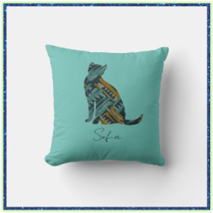 Abstract Turquoise and Gold Cat  Cushion
