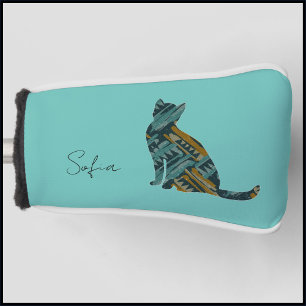 Abstract Turquoise and Gold Cat  Golf Head Cover