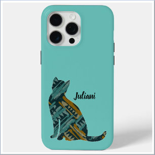 Abstract Turquoise and Gold Cat Lover iPhone 15 Pro Max Case