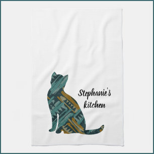 Abstract Turquoise and Gold Cat Lover  Tea Towel