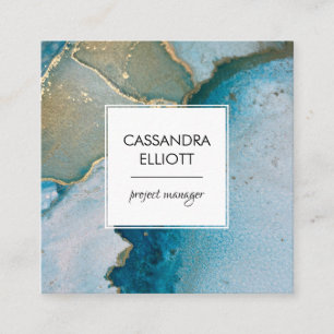 Abstract Turquoise & Gold Alcohol Ink Liquid Art Square Business Card