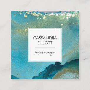 Abstract Turquoise & Gold Alcohol Ink Liquid Art Square Business Card
