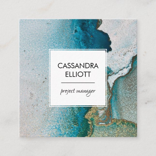Abstract Turquoise & Gold Alcohol Ink Liquid Art Square Business Card (Front)
