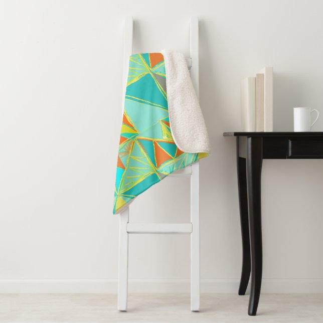 Abstract Turquoise Orange Yellow Triangle Pattern Sherpa Blanket (In Situ)