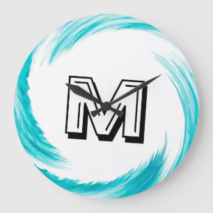 Abstract Turquoise Swirl Monogram Large Clock