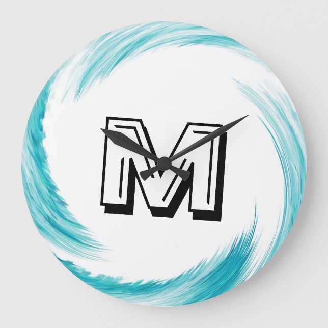 Abstract Turquoise Swirl Monogram Large Clock (Front)