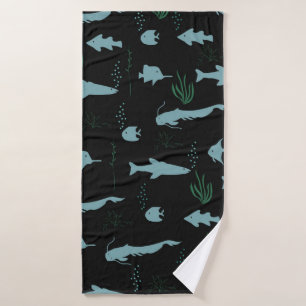 Abstract underwater pattern with fishes and seawee bath towel