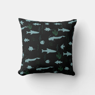 Abstract underwater pattern with fishes and seawee cushion