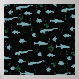 Abstract underwater pattern with fishes and seawee poster