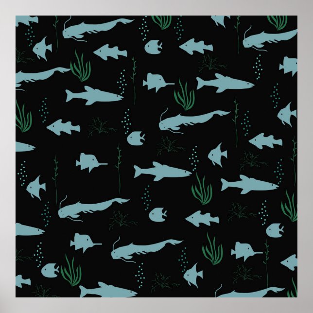 Abstract underwater pattern with fishes and seawee poster (Front)