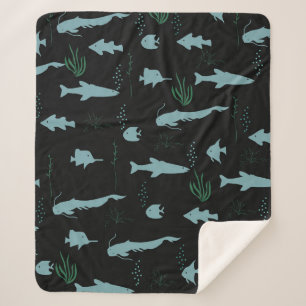 Abstract underwater pattern with fishes and seawee sherpa blanket
