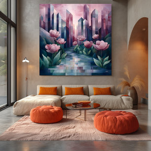 Abstract Urban Garden with Geometric Towers & Pink Canvas Print