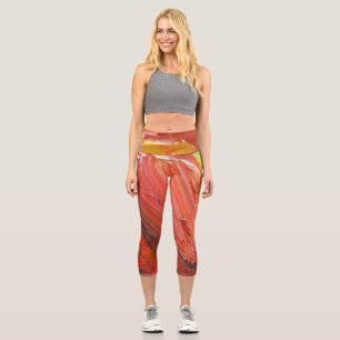 Abstract Vertical Gesture in Red Capri Leggings