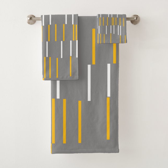 Abstract, vertical lines, grey, yellow, white bath towel set (Insitu)