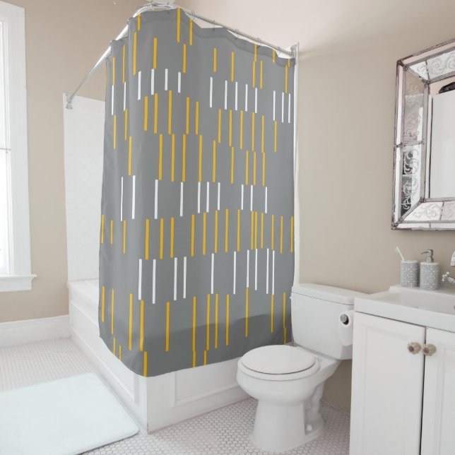Abstract, vertical lines, grey, yellow, white shower curtain (In Situ)