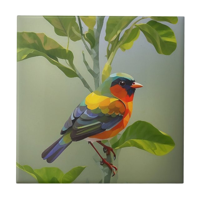 Abstract Vibrant Colours Songbird On Tree Branch Tile (Front)