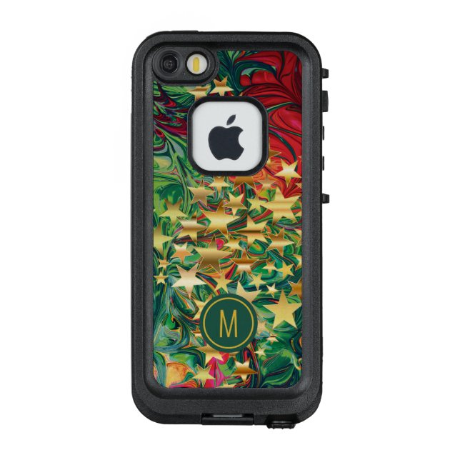 Abstract Vibrant Red Green Gold Stars Monogram LifeProof iPhone Case (Back)