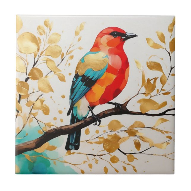 Abstract Vibrant Songbird On Golden Leaves Tree Tile (Front)