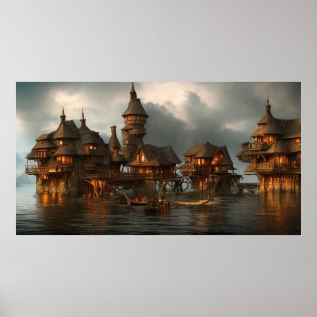 Abstract village too close to the ocean wood homes poster (Front)