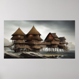 Abstract village too close to the ocean wood homes poster