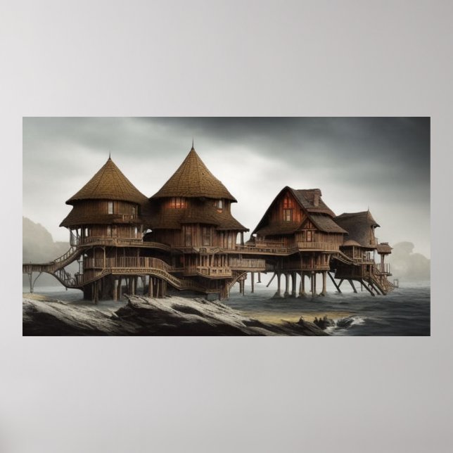 Abstract village too close to the ocean wood homes poster (Front)