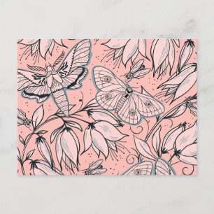 Abstract Vintage Pink Flowers and Bugs Postcard
