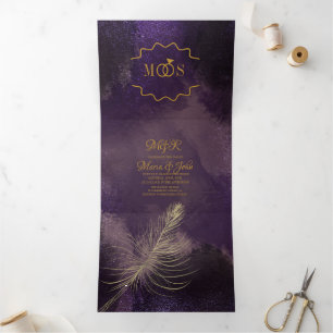 Abstract Violet Black Glam Brush Strokes Wedding Tri-Fold Invitation