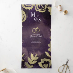 Abstract Violet Black Glam Gold Roses Wedding Tri-Fold Invitation