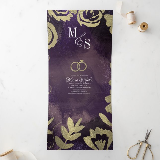 Abstract Violet Black Glam Gold Roses Wedding Tri-Fold Invitation (Inside)