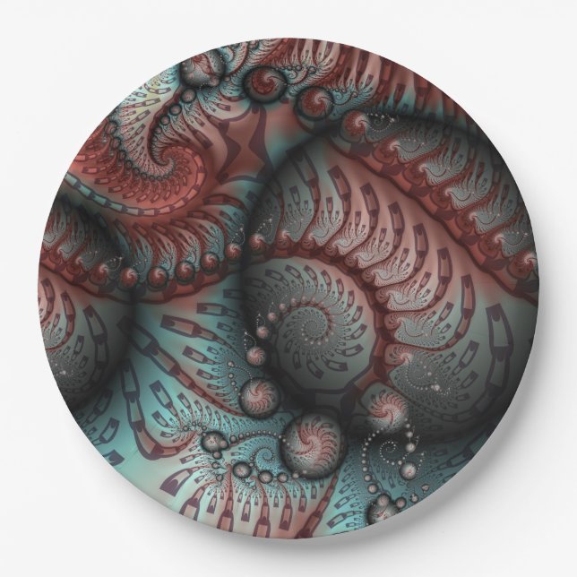 Abstract Vivid Fantasy Fractal Art Brown Blue Paper Plate (Front)