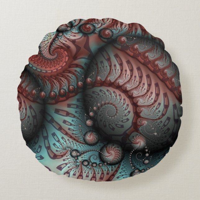 Abstract Vivid Fantasy Fractal Art Brown Blue Round Cushion (Front)