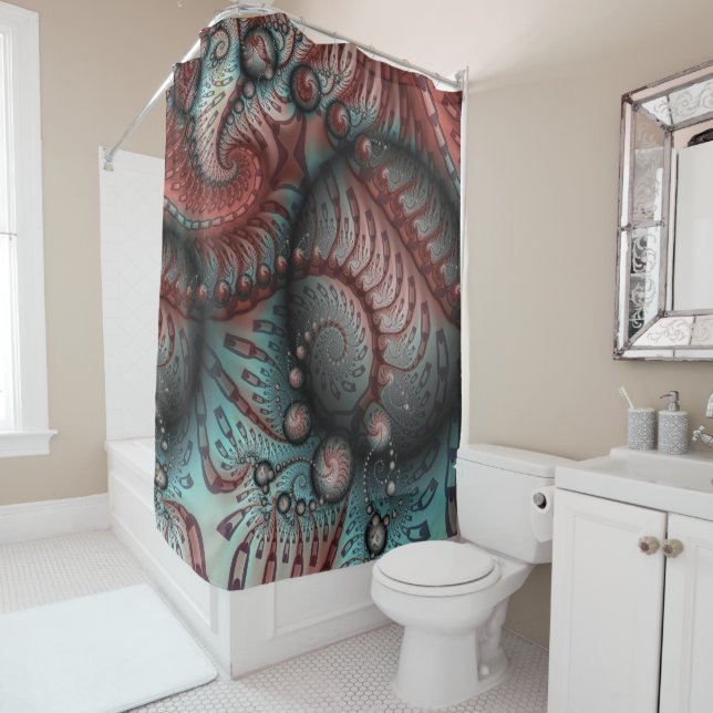 Abstract Vivid Fantasy Fractal Art Brown Blue Shower Curtain (In Situ)