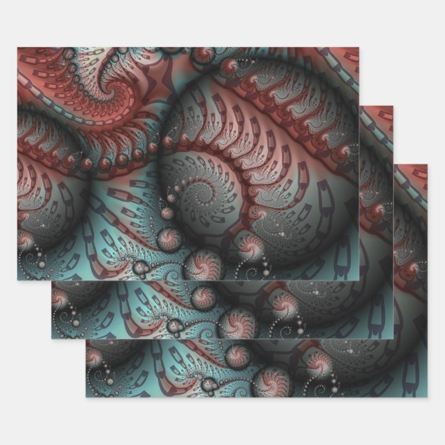 Abstract Vivid Fantasy Fractal Art Brown Blue Wrapping Paper Sheet (Set)
