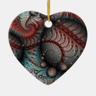 Abstract Vivid Fantasy Fractal Brown Blue Heart Ceramic Tree Decoration